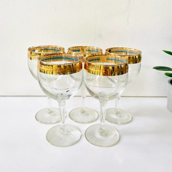 🐚SOLD🐚RARE Culver 22K Mid Century Stemmed Wine Glasses with a Gold and Aqua - Picture 2 of 9